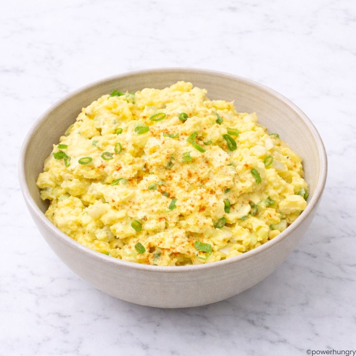 vegan soy-free chickpea flour egg salad in an off-white bowl