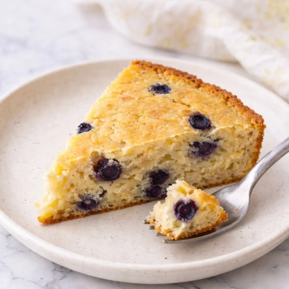 a wedge of chickpea flour blueberry bread with a forkful on the plate