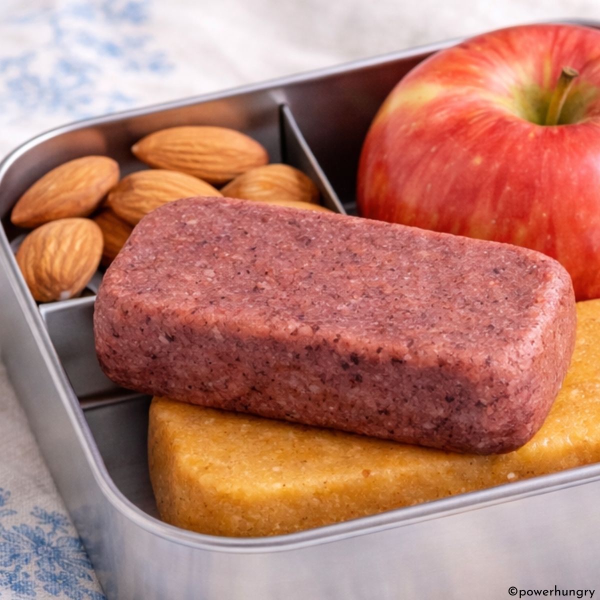 fruit protein bars in a bento box with an apple and almonds