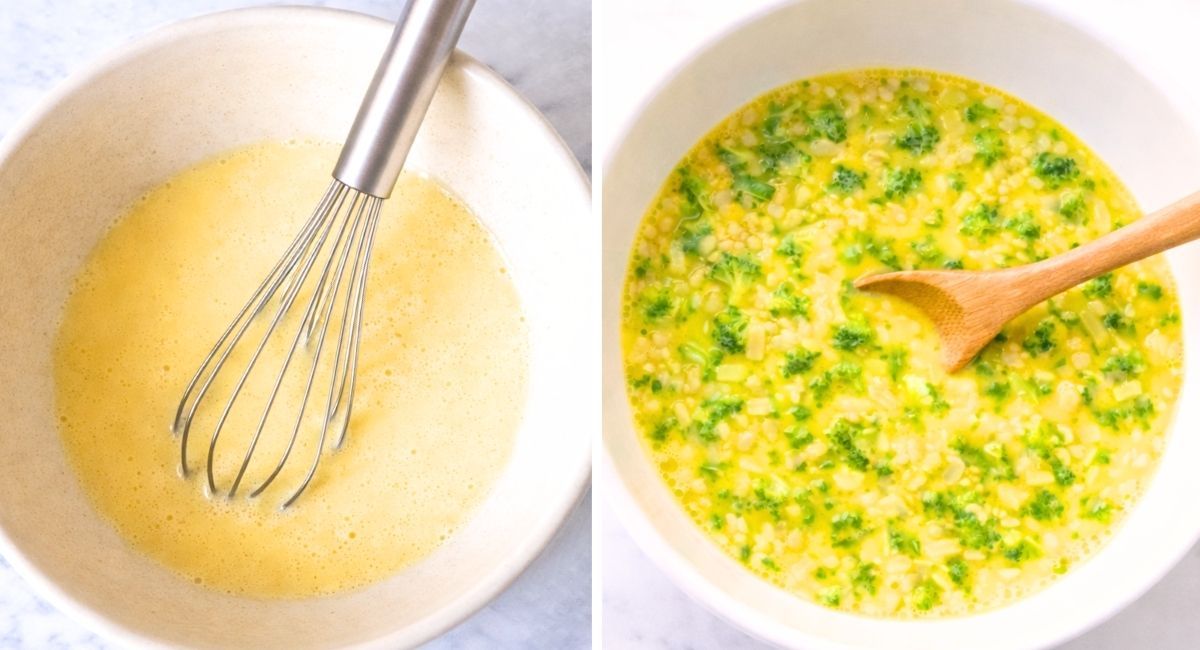 2 photo collage showing how to make broccoli casserole muffins