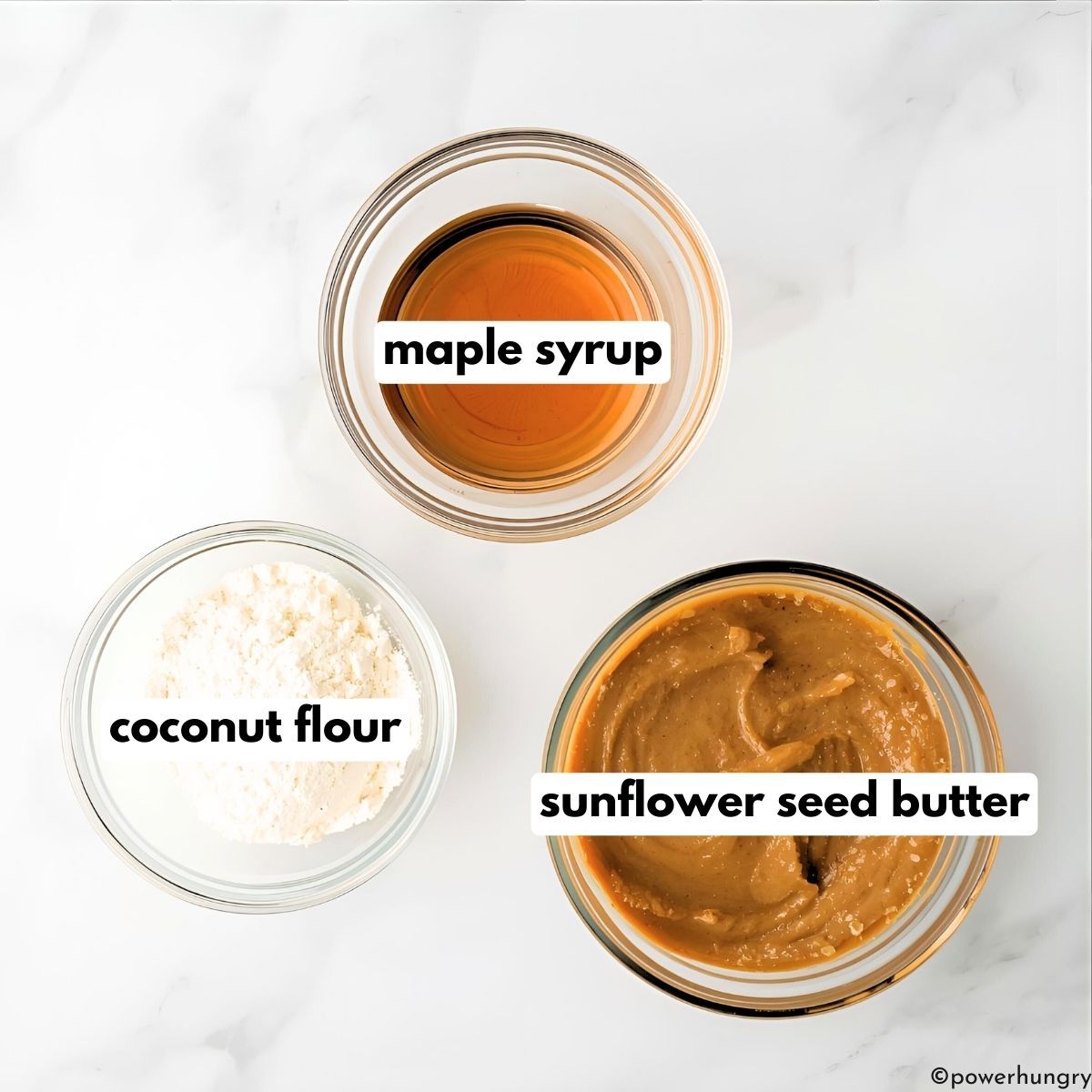 ingredients for no bake oat-free energy balls, all in glass dishes