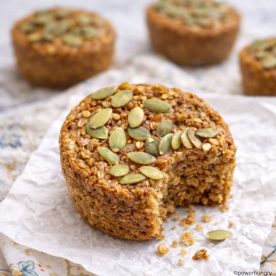 close up of a pumpkin steel cut oats muffin cup