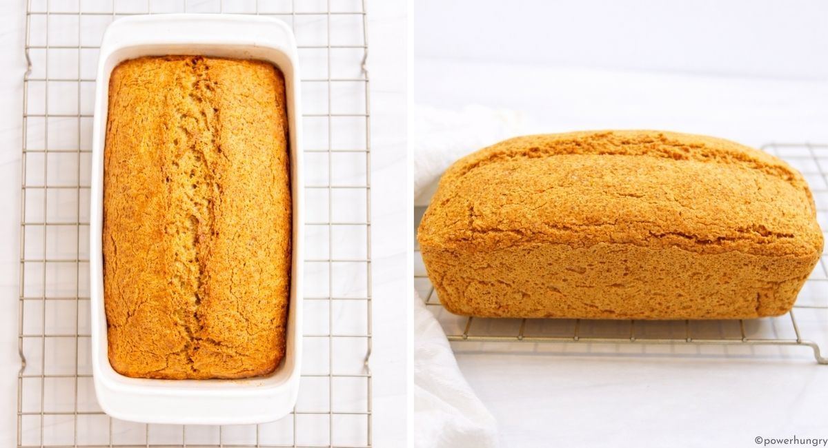 baked chickpea protein bread on a cooling rack