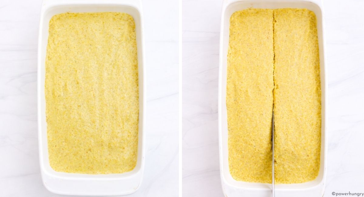 unbaked chickpea bread in a baking pan