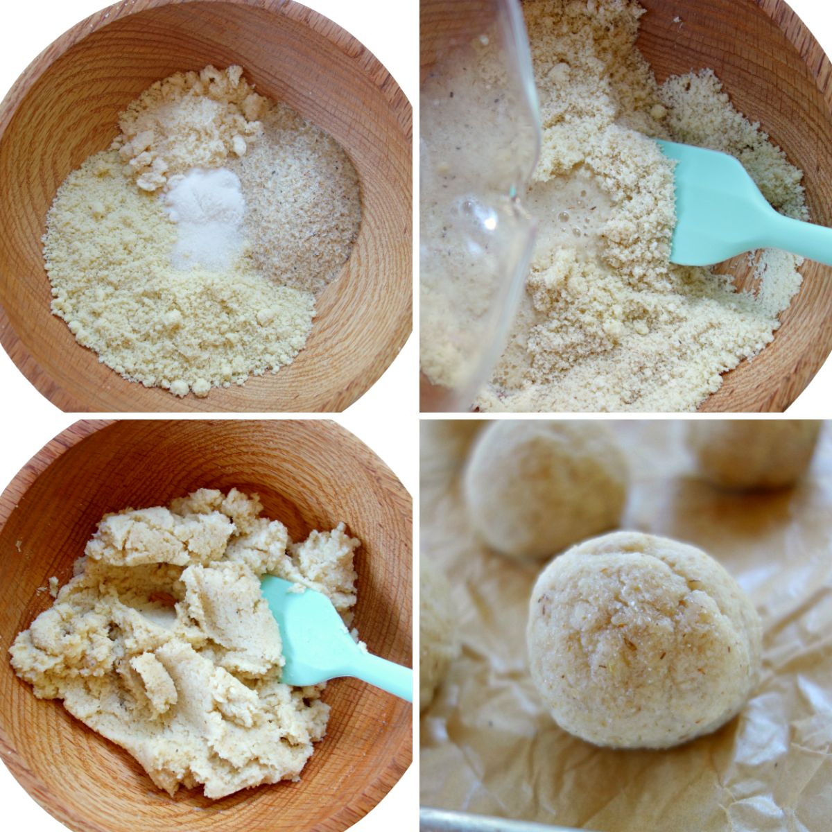 photo collage showing steps to make the ingredients into bread dough