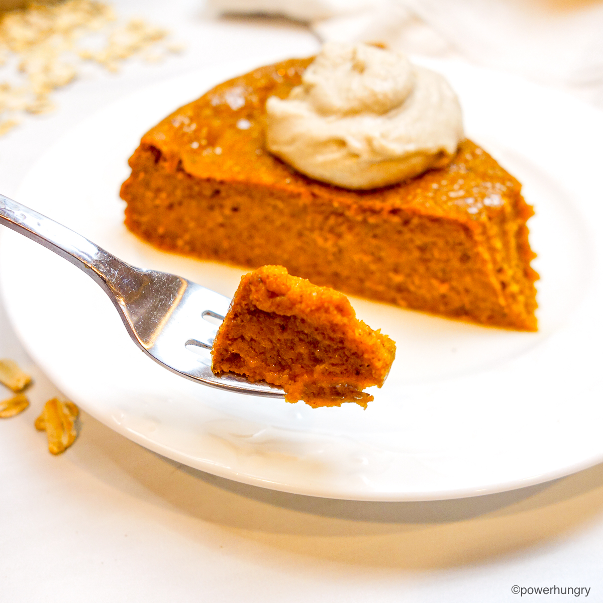 oat pumpkin pie, with a morsel of pie on a silver fork