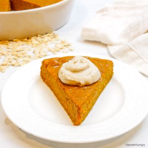 impossibly easy vegan oat pumpkin pie slice on a white plate