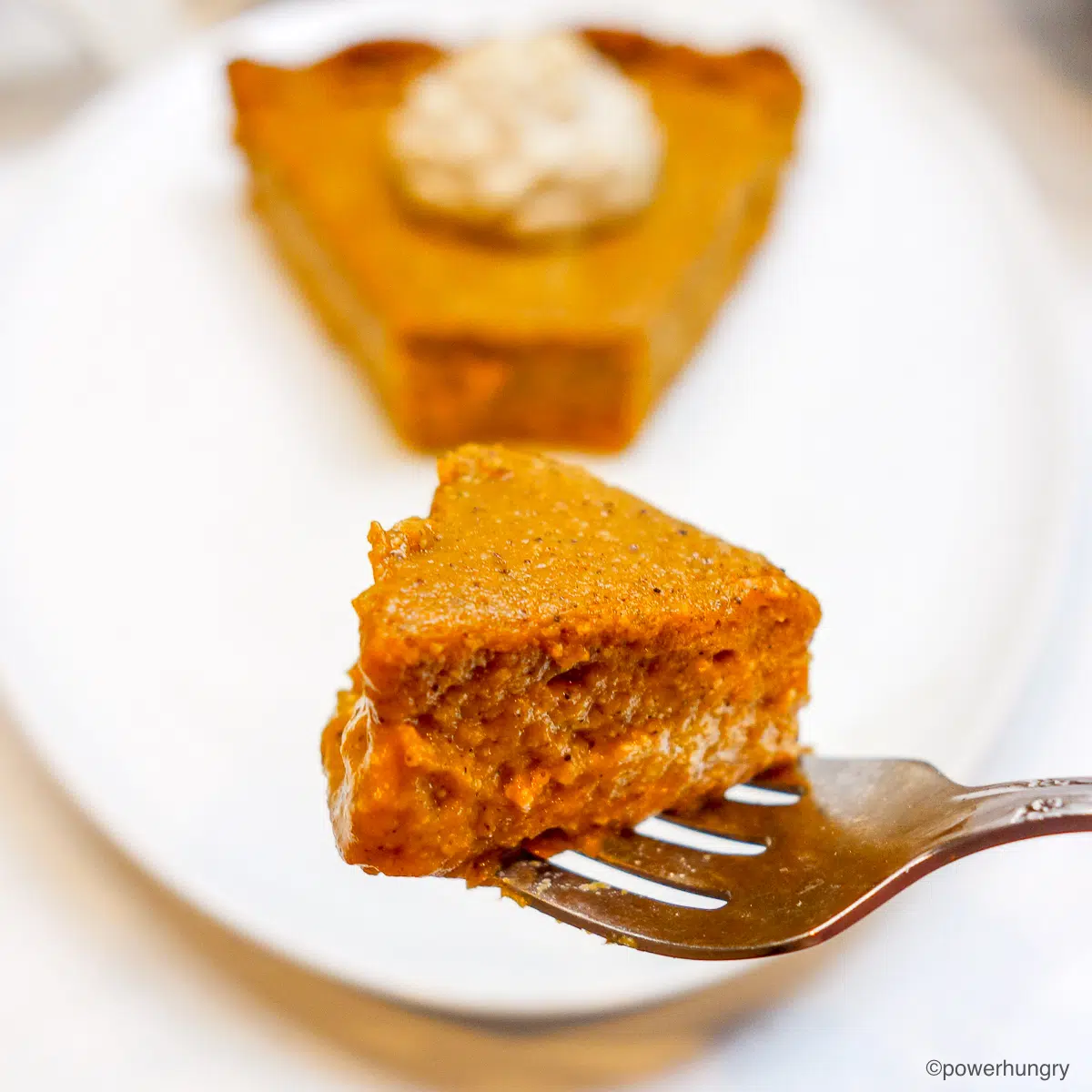 close up of a forkful of crustless pumpkin pie