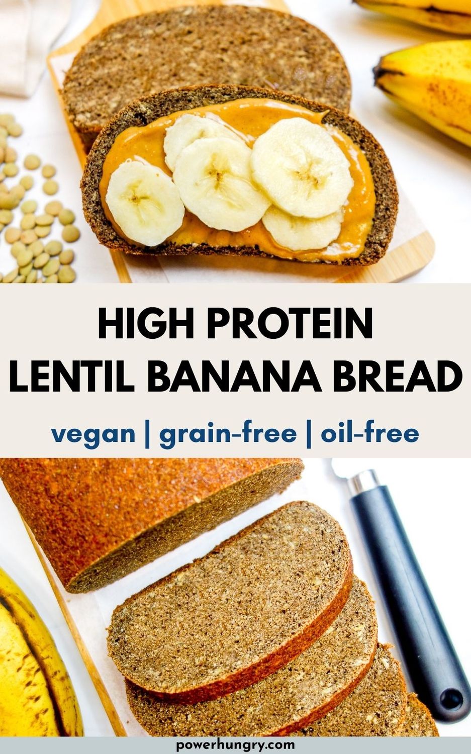 high protein lentil banana bread collage