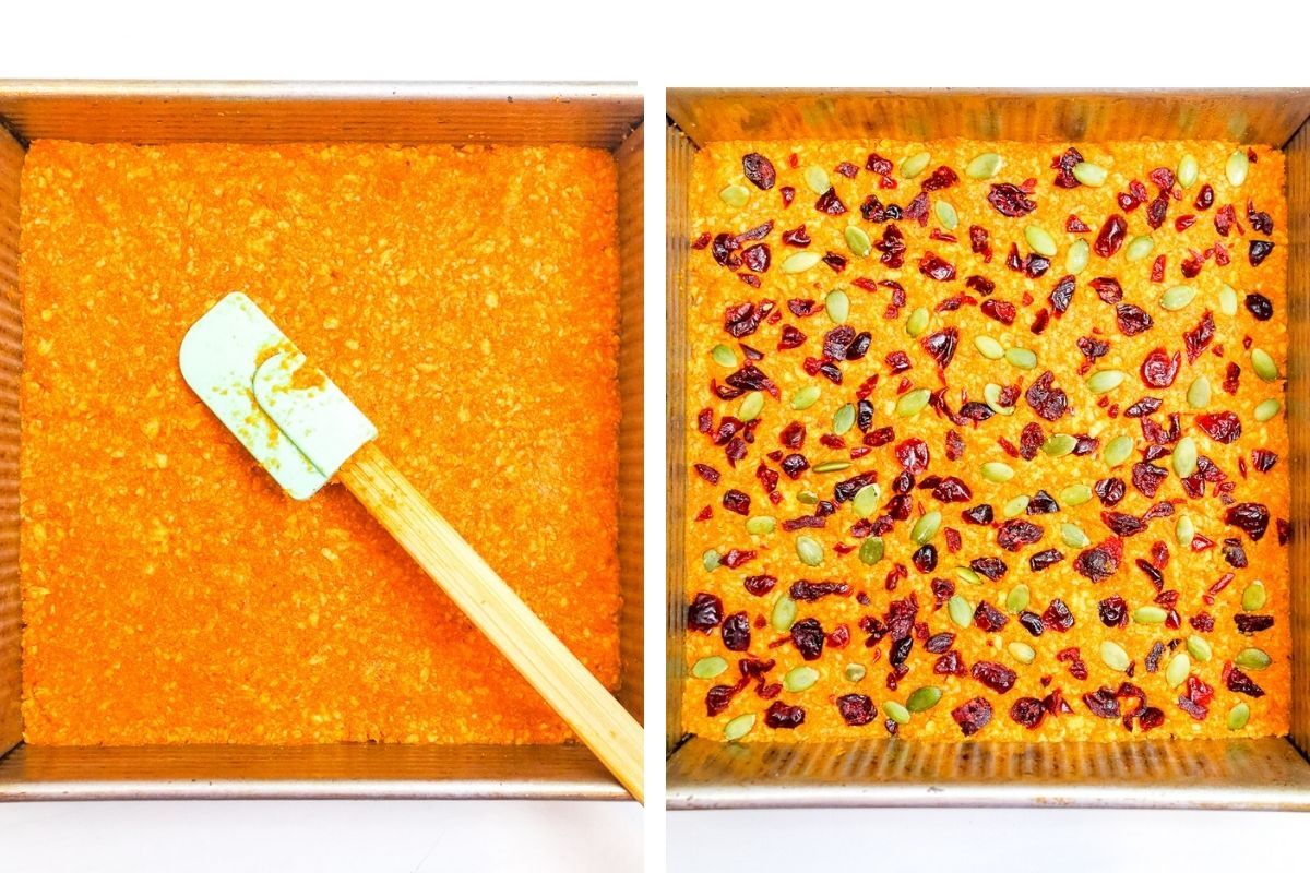 two photo collage for tvp pumpkin protein bars, before baking