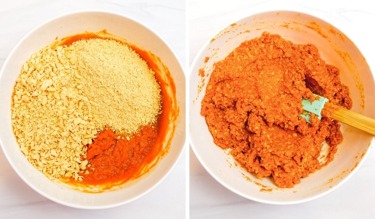 2 photo collage of how to mix up tvp pumpkin bars