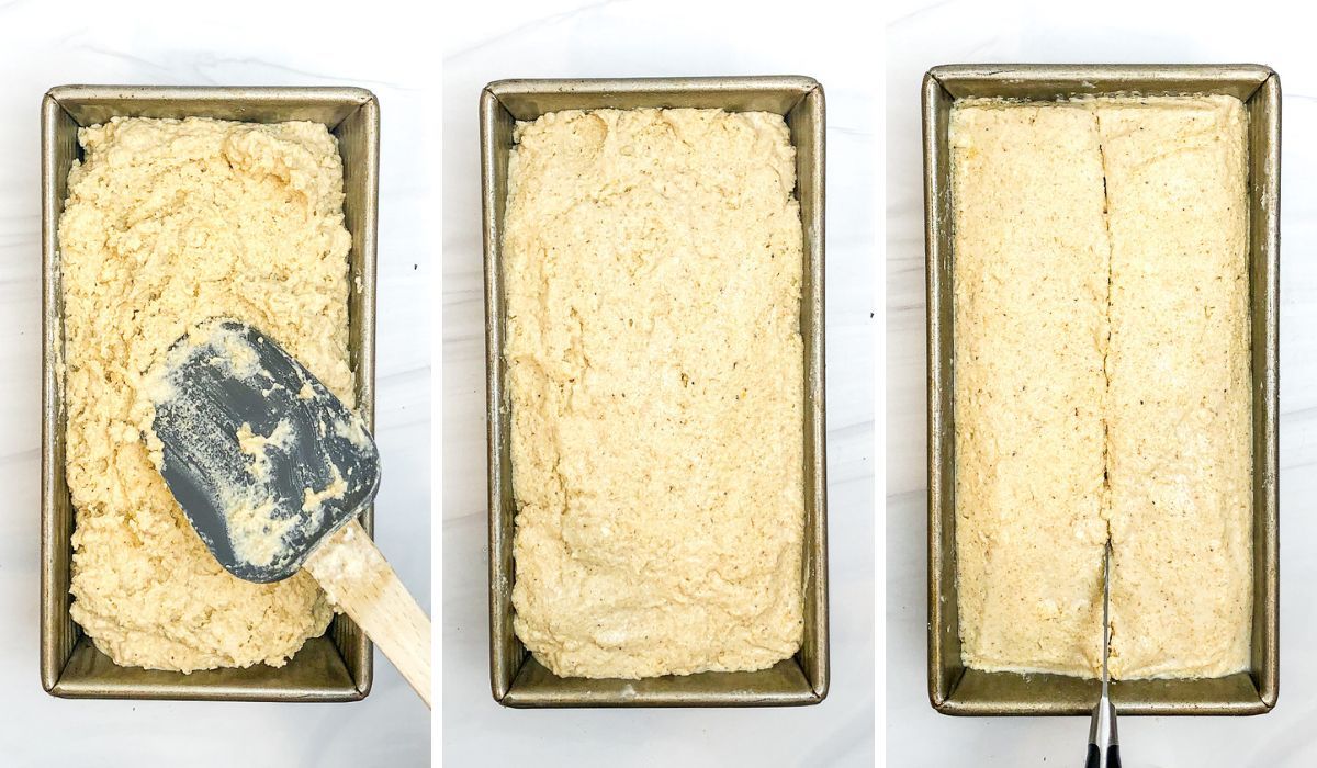 3 photo collage showing how to prepare high  protein bread for baking in a pa
