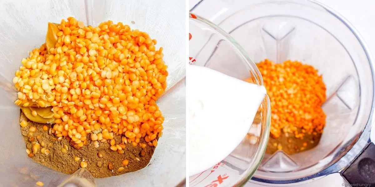 2 photo collage showing the blending of lentil brownie batter