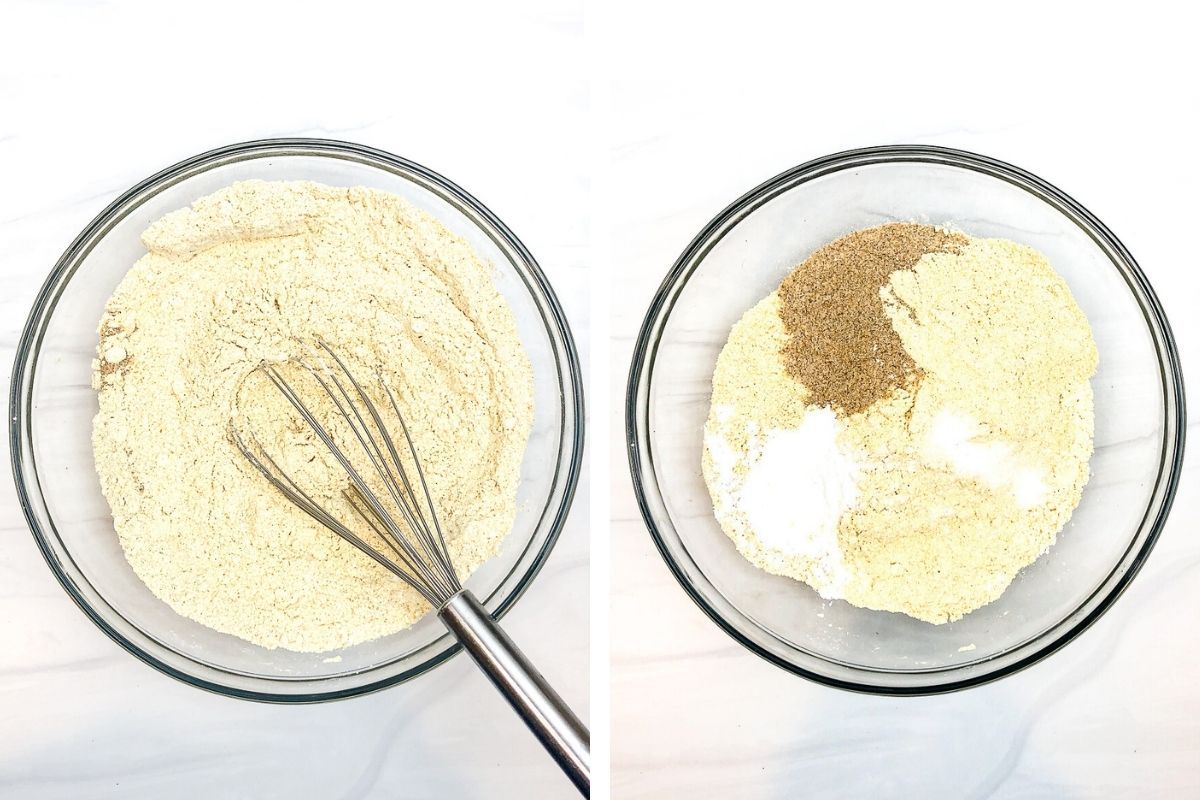 2 photo collage showing the blending of dry ingredients for recipe
