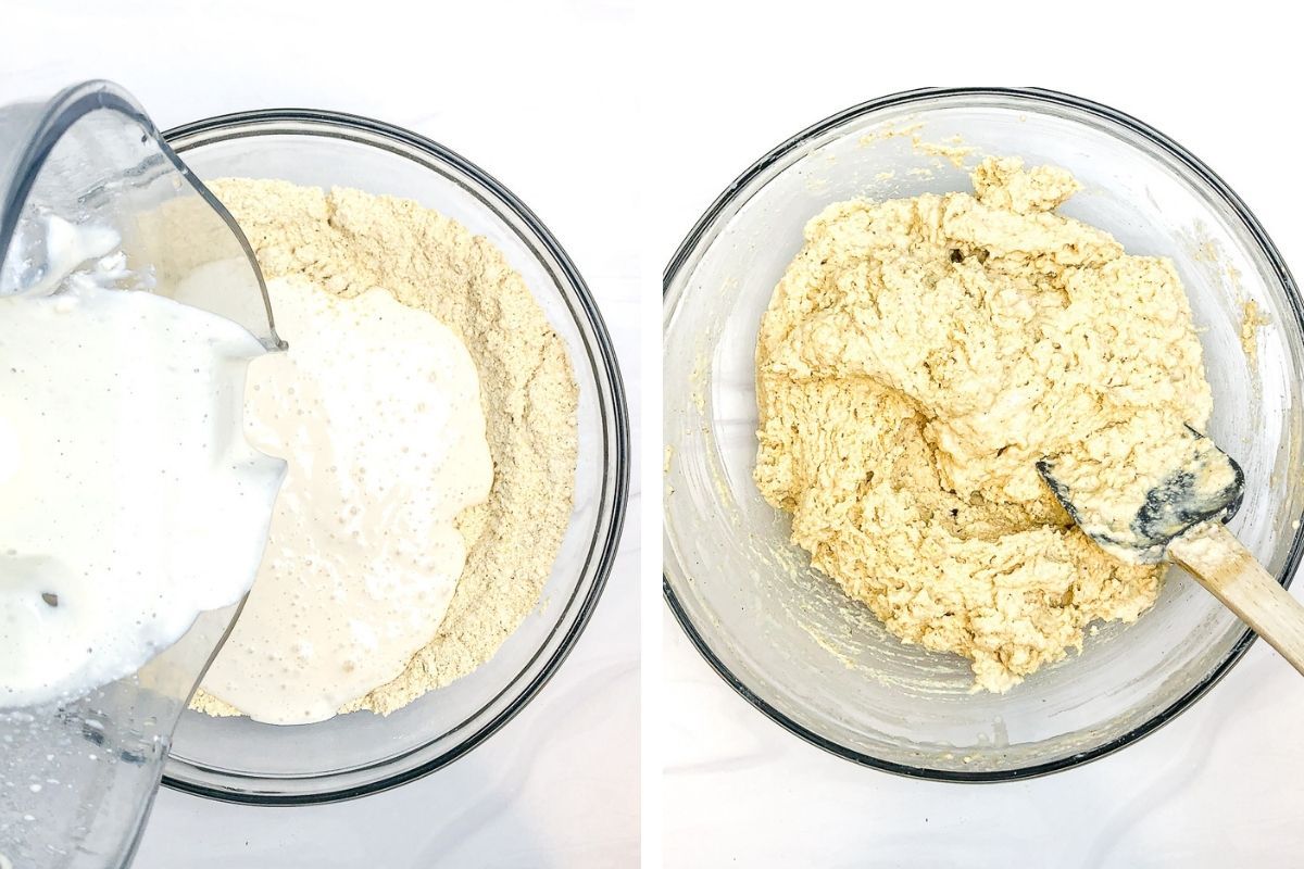 two photo collage showing the combining of wet and dry ingredients 
