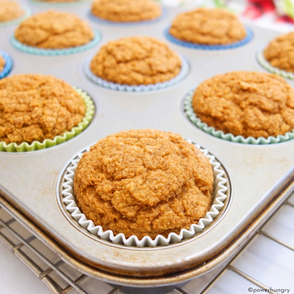 baked applesauce oat flour muffins in the tin on a cooling rack