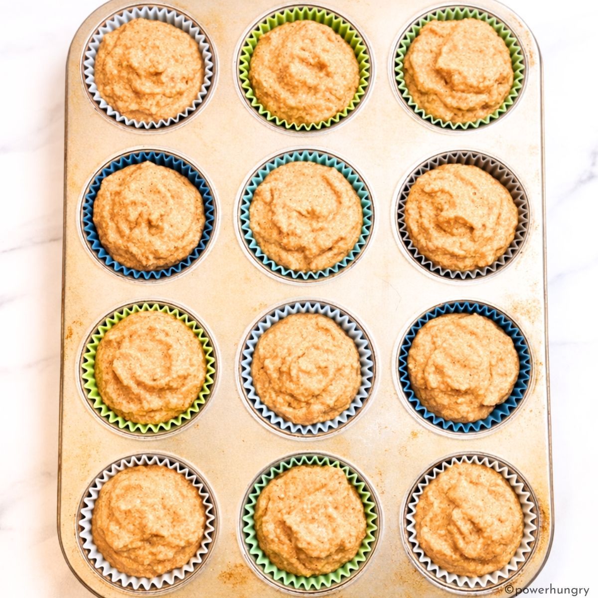 portions of muffin batter scooped into muffin cups