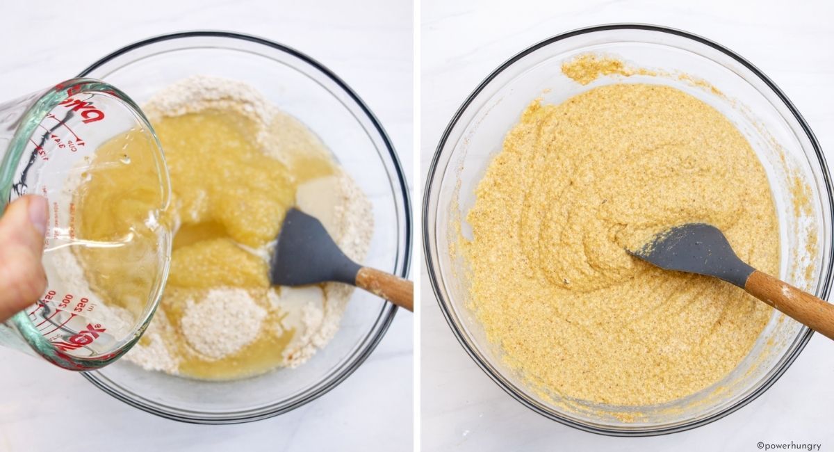 wet ingredients added to applesauce oat flour muffins batter