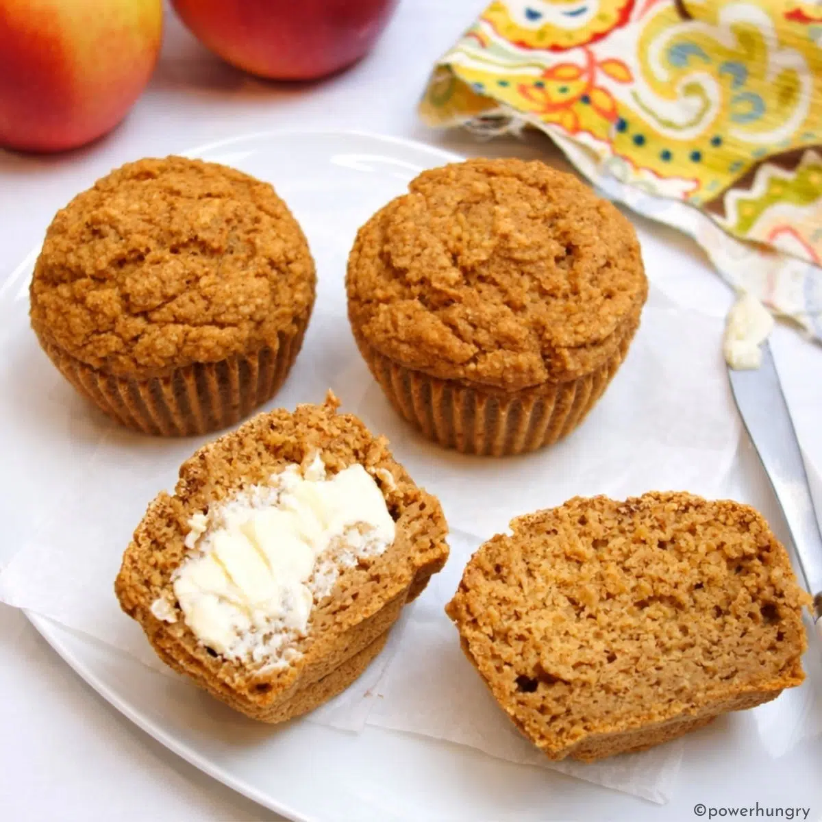 interior of applesauce oat flour muffins with vegan butter