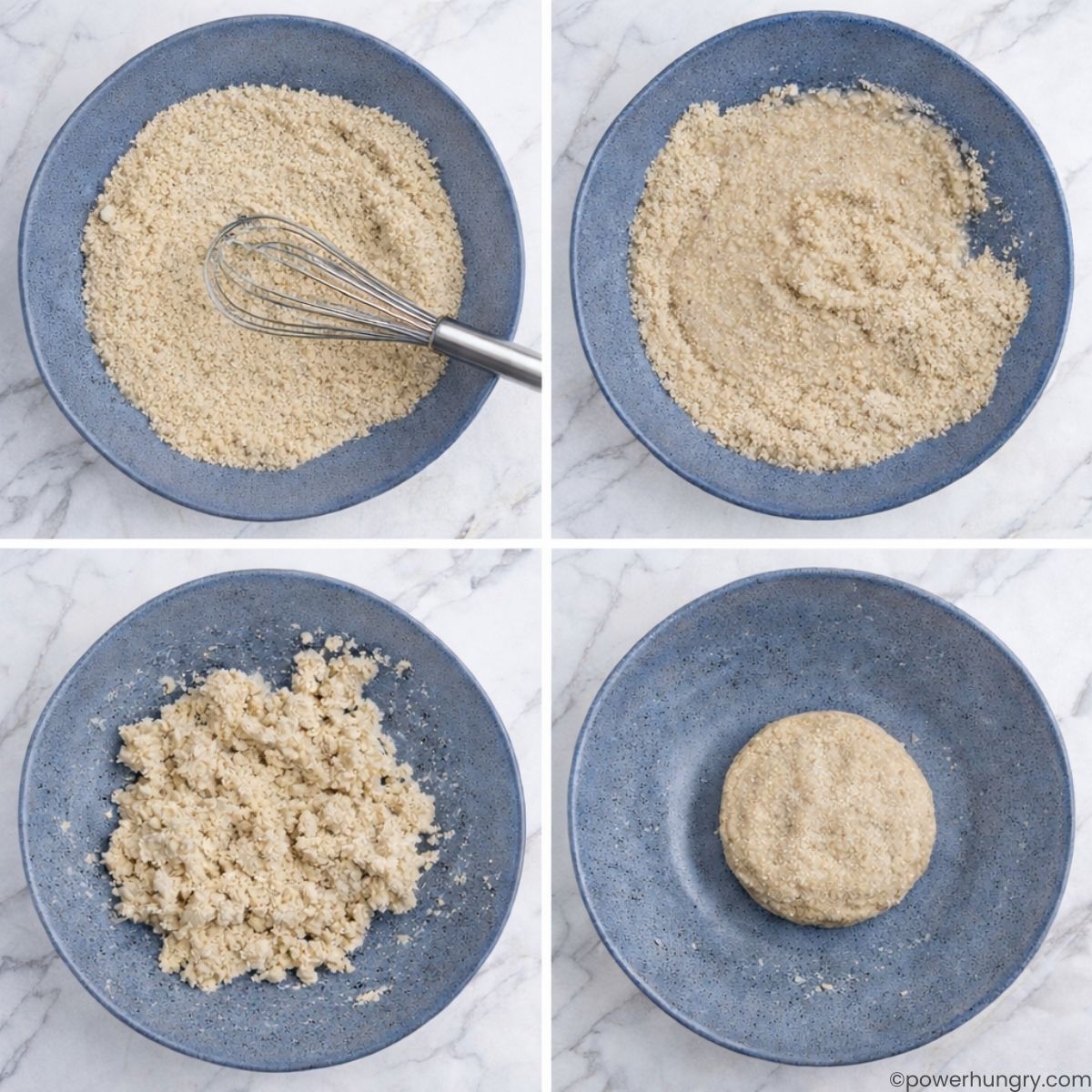 4 photo collage showing the mixing of the sunflower seed tortilla dough