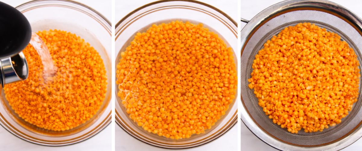 three photo collage depicting the soaking of red lentils