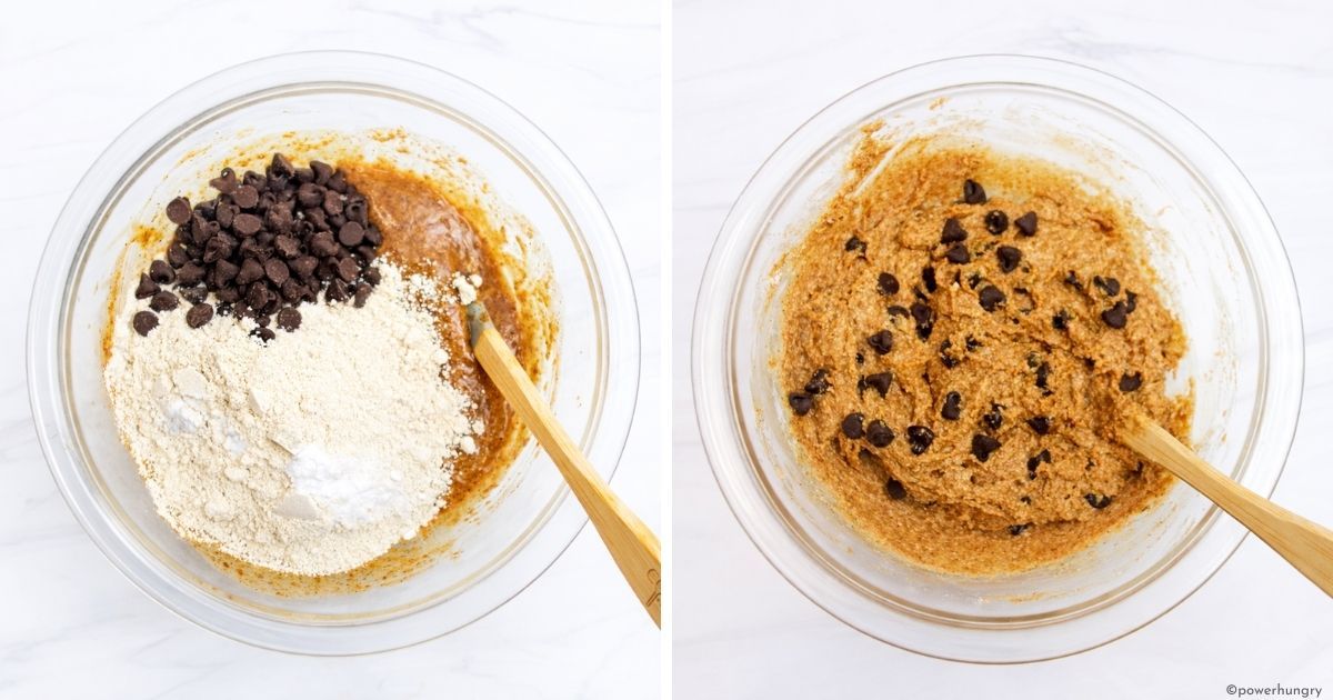 dry ingredients and dough for oat flour chocolate chip cookies