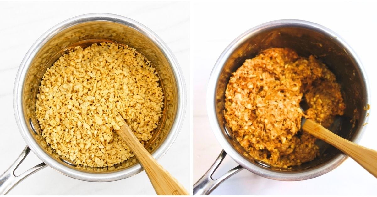 adding the dry ingredients to 3 ingredient no bake protein cookies