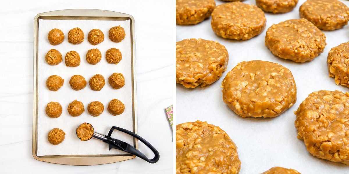 two photo collage showing how to portion and shape the no bake protein cookies
