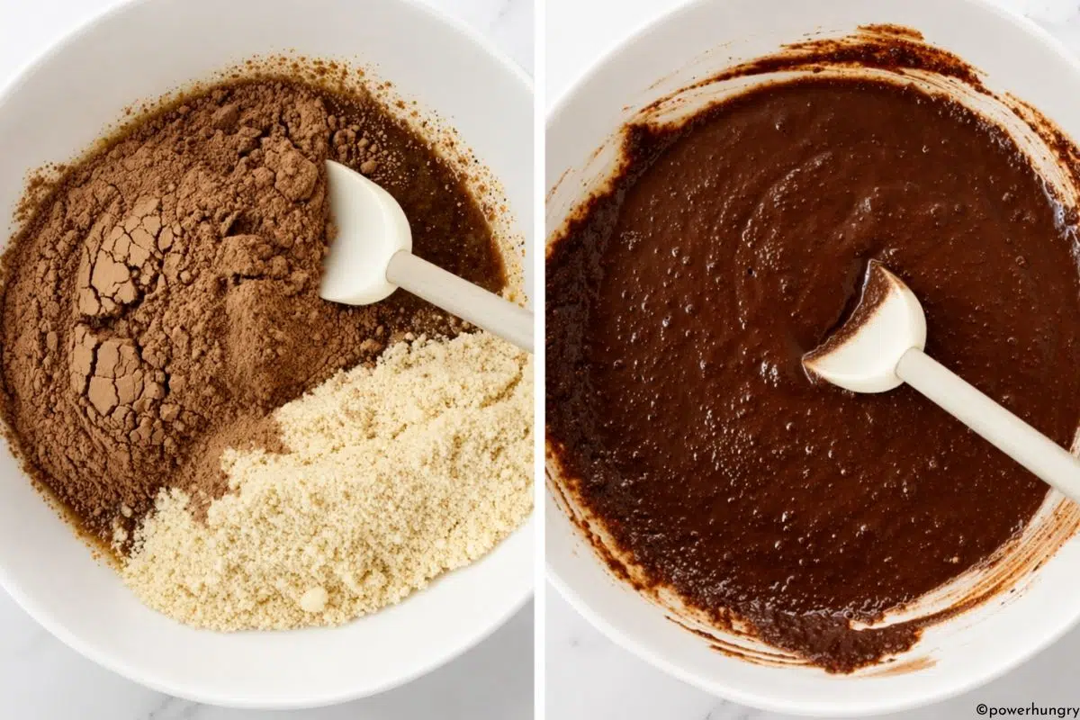 two photo collage showing dry ingredients added to bowl to make vegan carob almond flour brownies