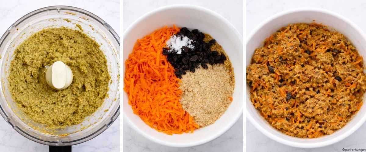 three photo collage of how to make high protein carrot cake lentil bread dough