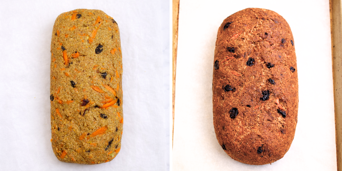 two photo collage of carrot cake lentil bread dough and baked bread loaf