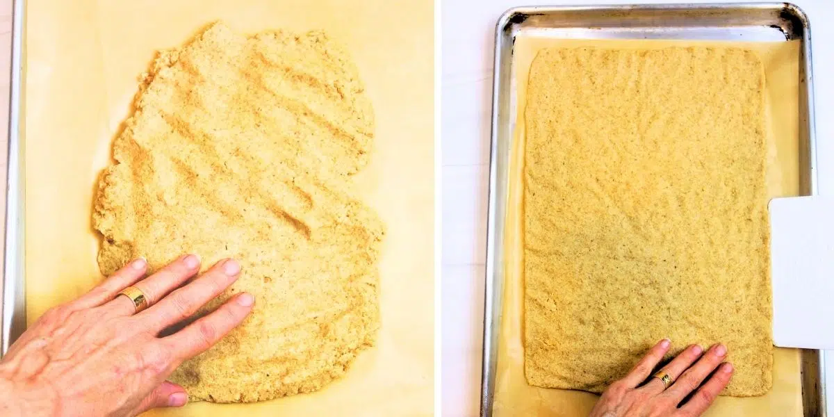 spreading and shaping of 2-ingredient no roll chickpea flour crackers