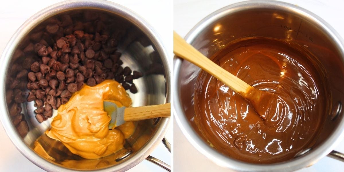 photo collage showing how to melt the wet ingredients for no bake chocolate protein cookies