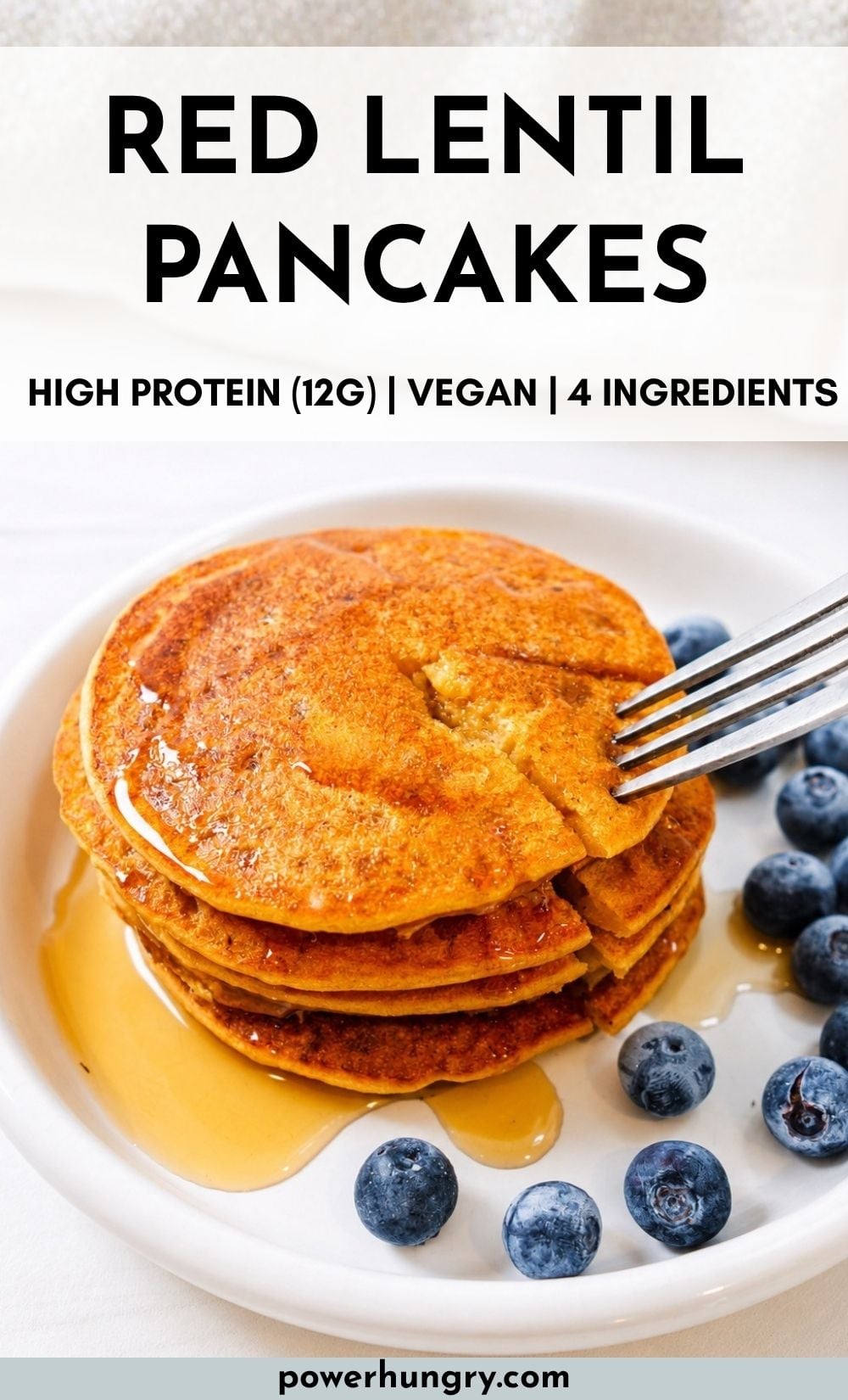 stack of red lentil pancakes with maple syrup