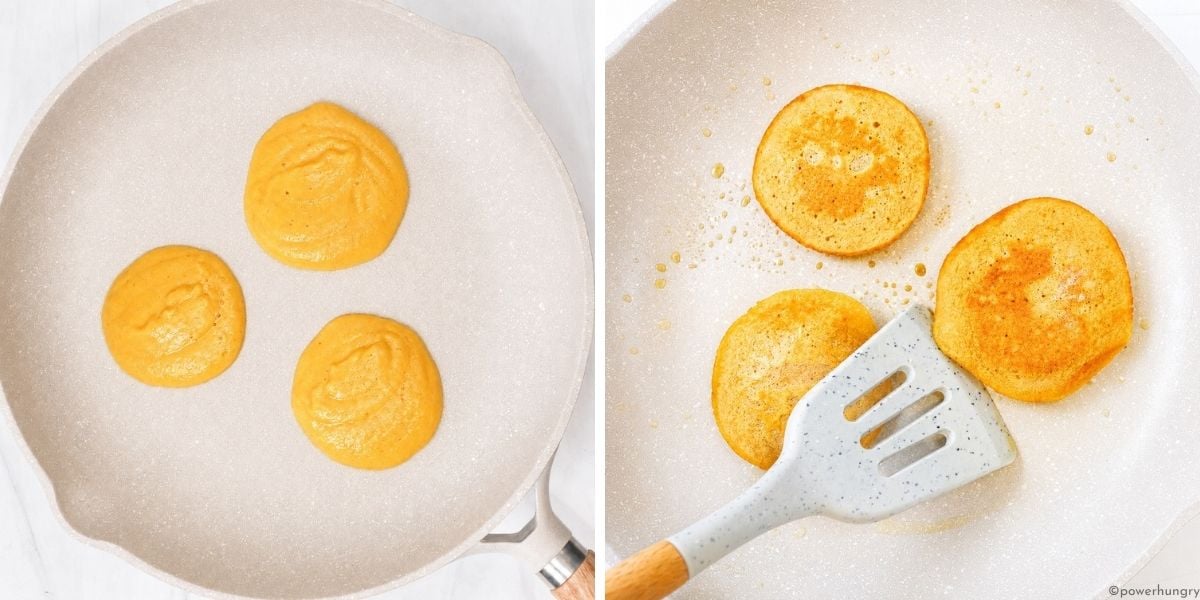 lentil pancakes being cooked in a skillet